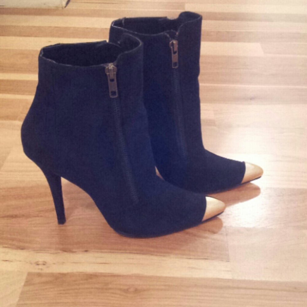 MIA Suede Black Booties with Gold Captoe